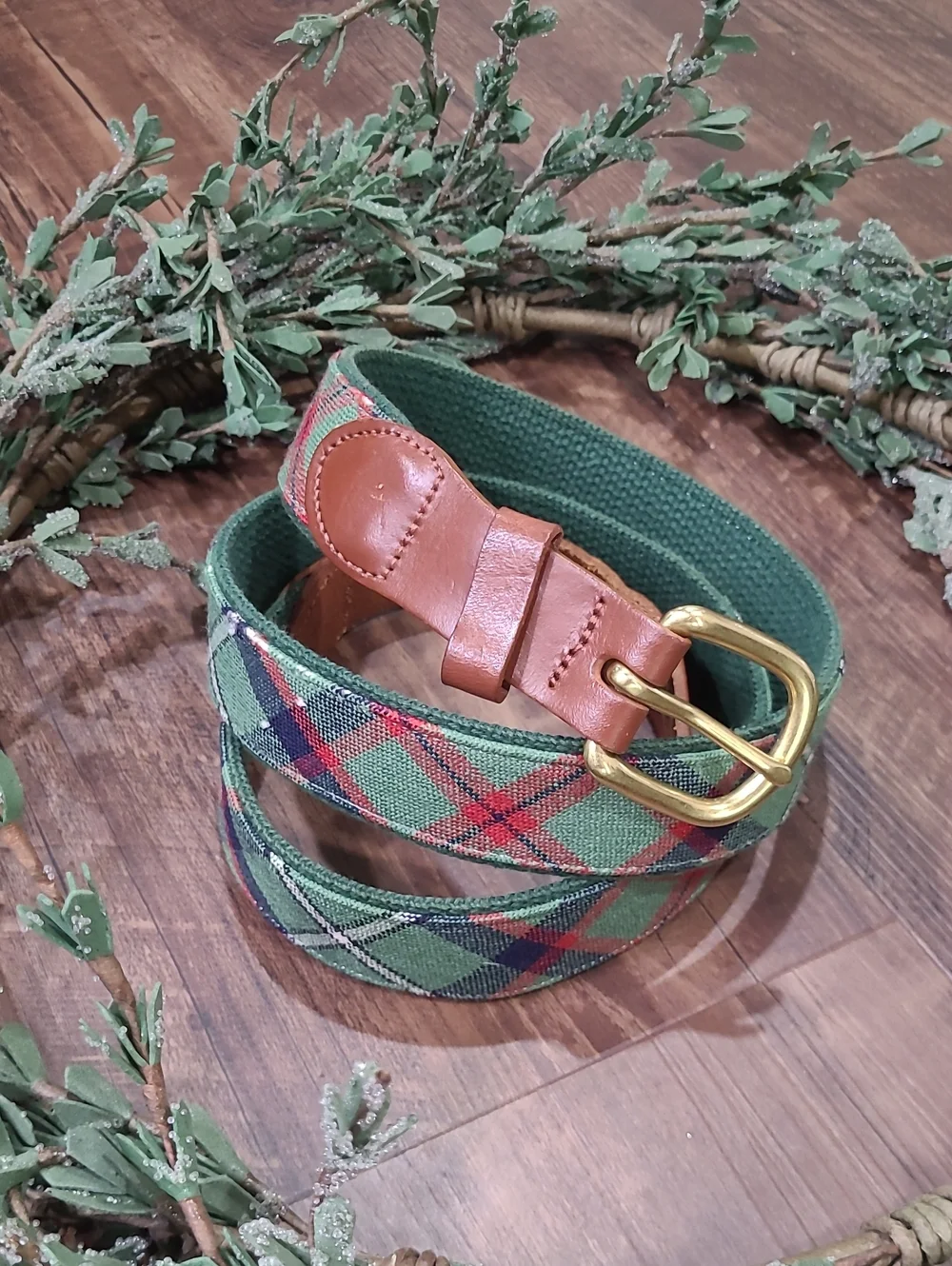 Green Plaid Canvas Belt with Leather Tip Brass Hardware 41